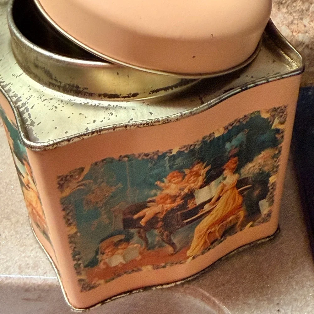 Vintage Decorative Peach  Pink Metal Canister with Cherub Panel‎ Victorian
